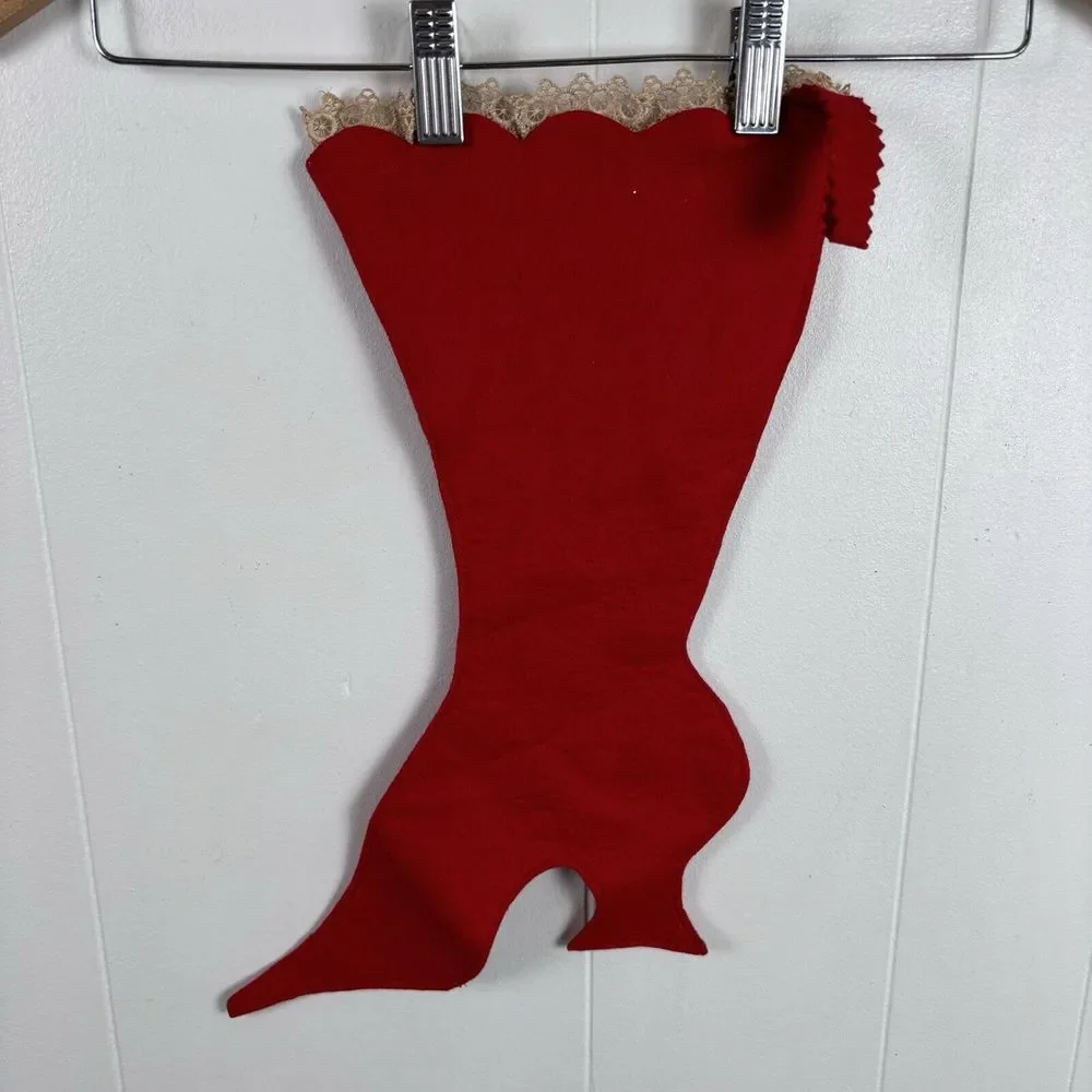 Vintage‎ Wool Felt Victorian Boot Christmas Stocking Red Lace Sewn Bejeweled